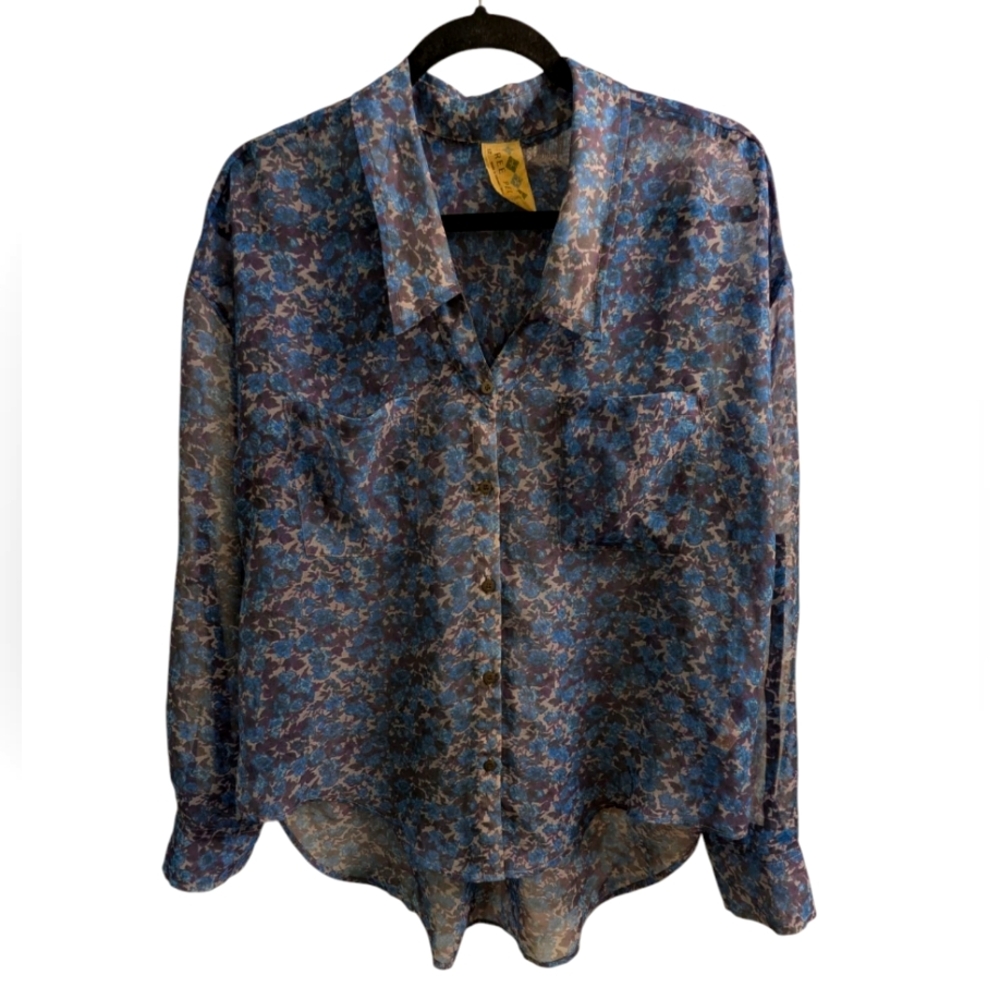 Free People Blue & Black Sheer Floral Button Down Oversized Blouse Small Petite
